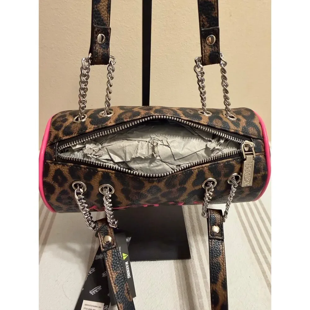 Von Dutch Cheetah Barrel Bag Pink Logo Chain Shoulder Purse Y2K NWT
